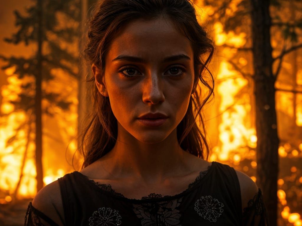 Mysterious Forest Fire Survivor in Amber-Lit Portrait