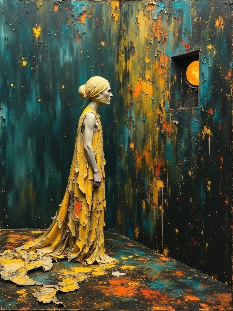 Distressed Figure in Moonlit Room as Oil Painting