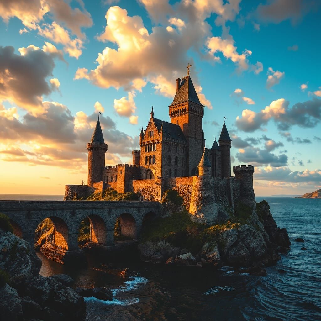 Majestic Castle Perched on Rocky Cliff Overlooking Serene Oc...