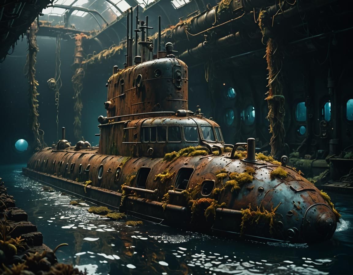 Hyperrealistic Submarine in Murky Water, Cinematic HDR