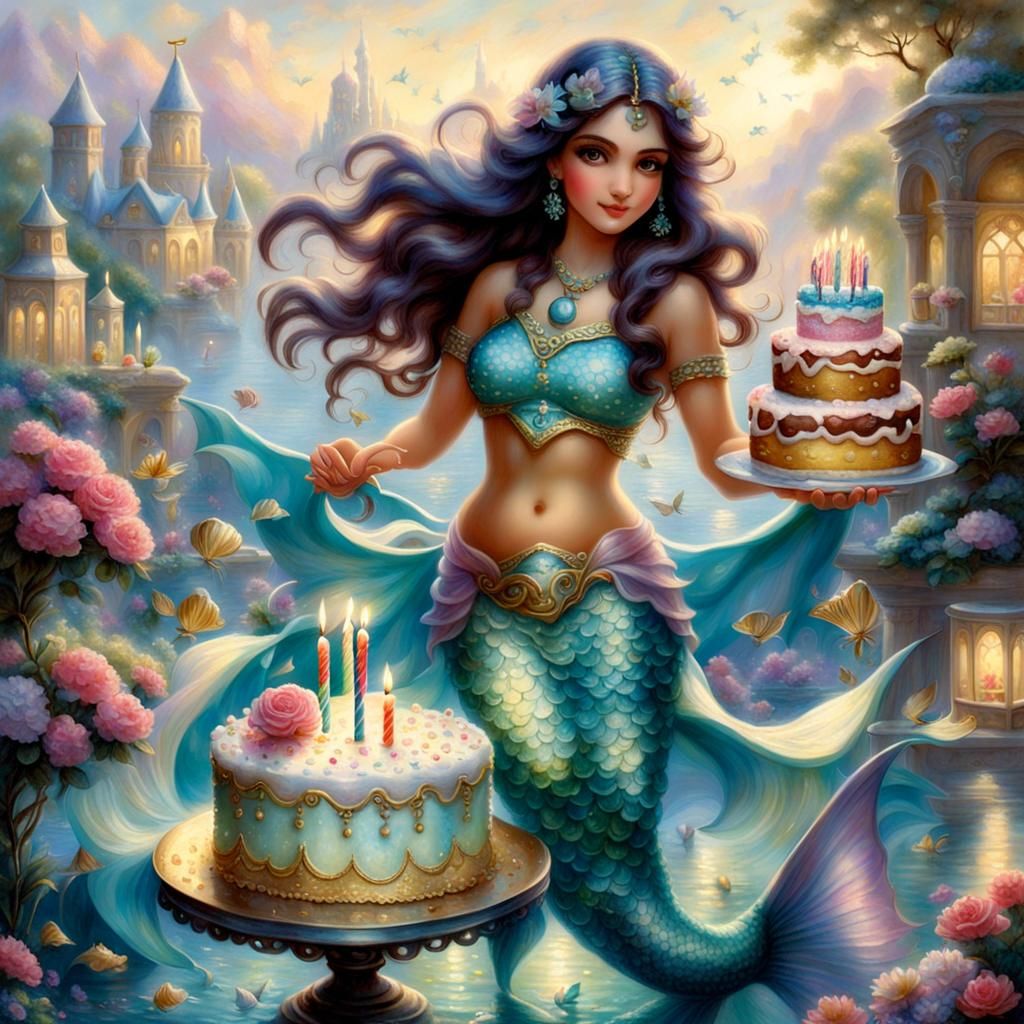 Persian Mermaid with Birthday Cake in Ethereal Style
