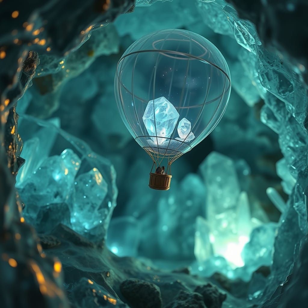 Hot Air Balloon Drifting Through Crystal Cave