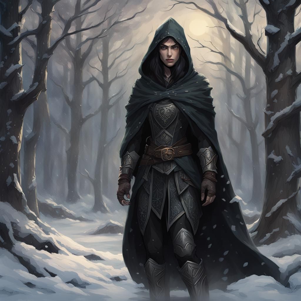 Half-Elf Dark Warrior in Winter Woods, Fantasy Art