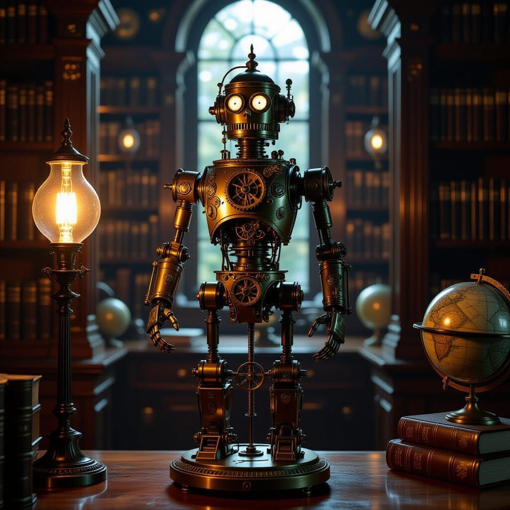 Antique Clockwork Automaton in Victorian Study Oil Painting