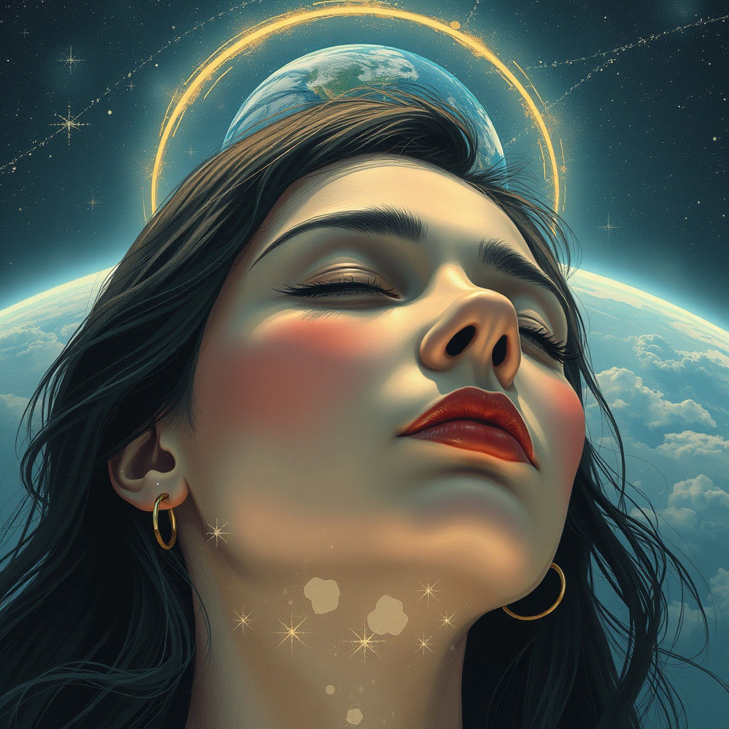 Ethereal Woman with Earth and Stars: Digital Illustration