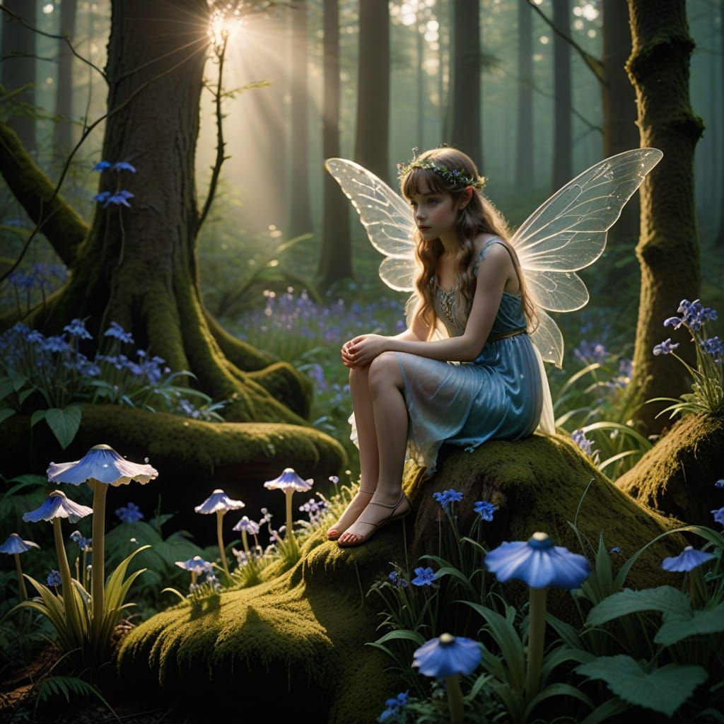 Fairy Captured in Cinematic Bluebell Scene