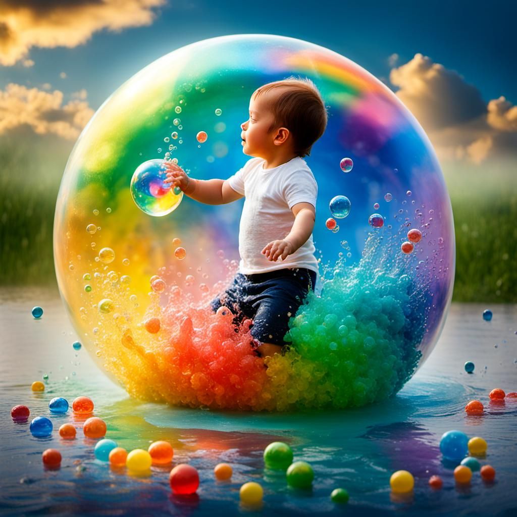 Surreal Child in a Sea of Rainbow Bubbles