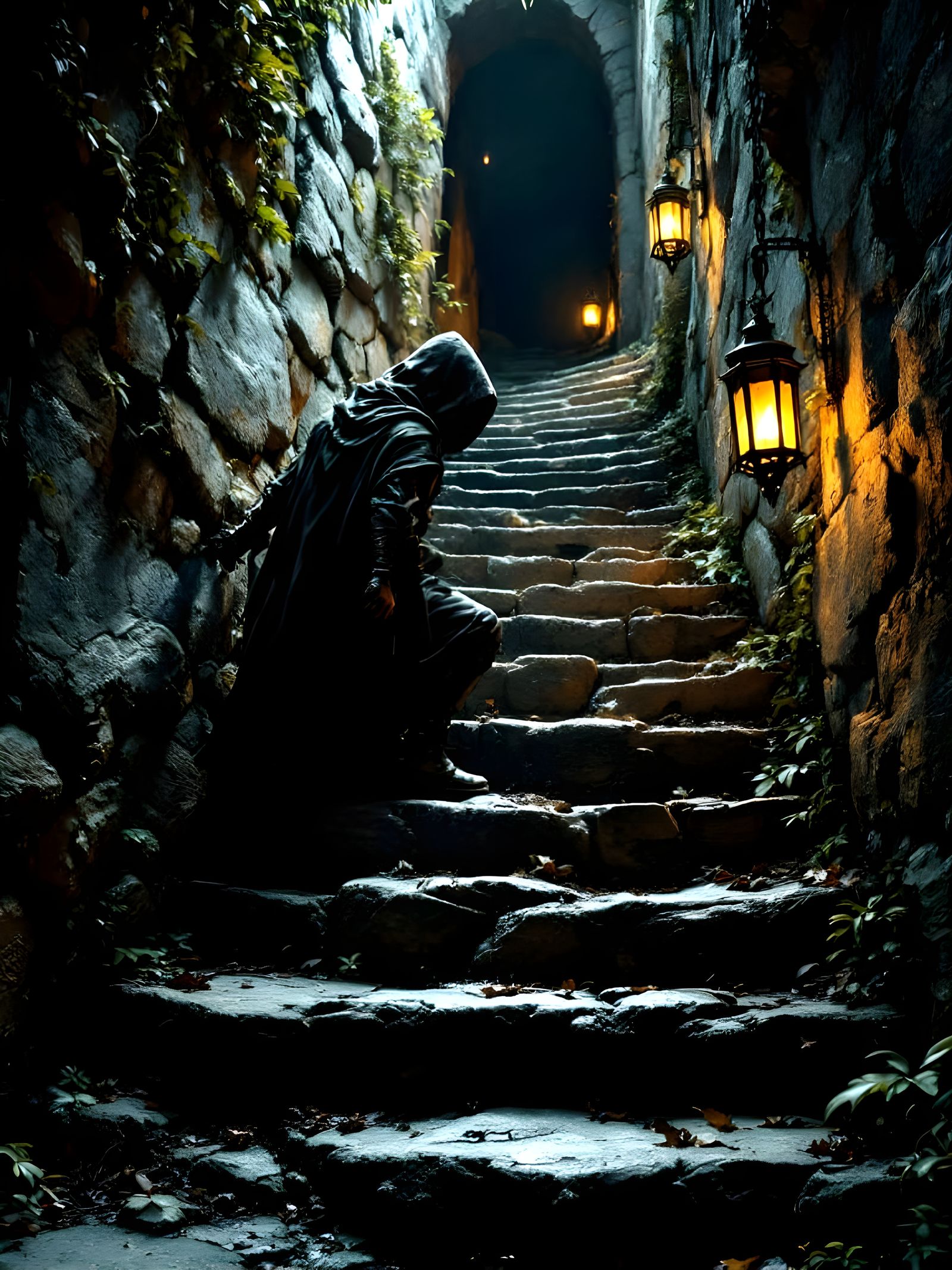 Surreal Hooded Figure Climbs Ominous Staircase to Dark Fores...