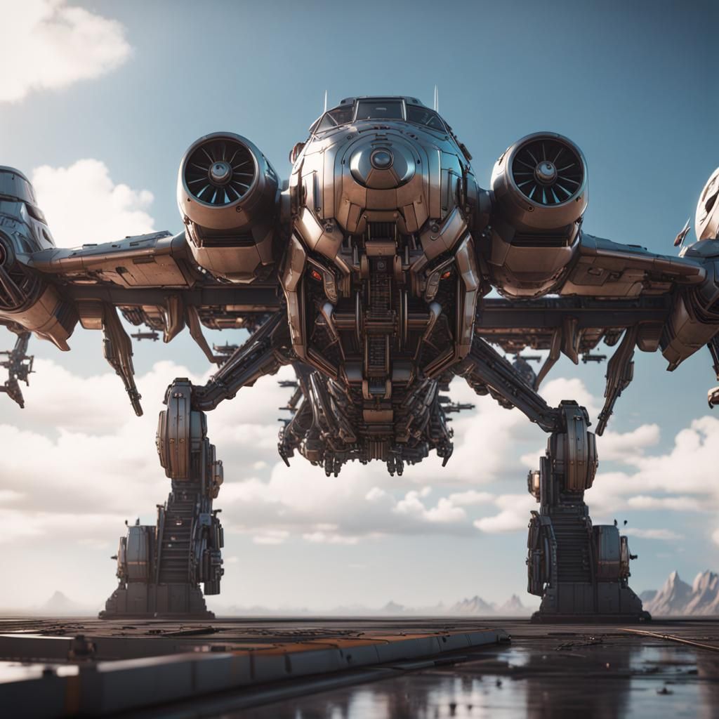 Futuristic Flying Fortress with Polished Metal Finish