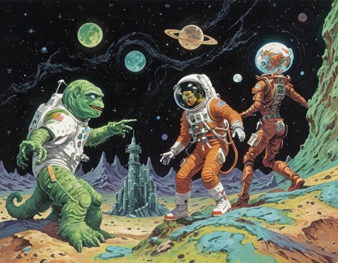 Astronaut and Green Monster in Retro Sci-Fi Comic Art