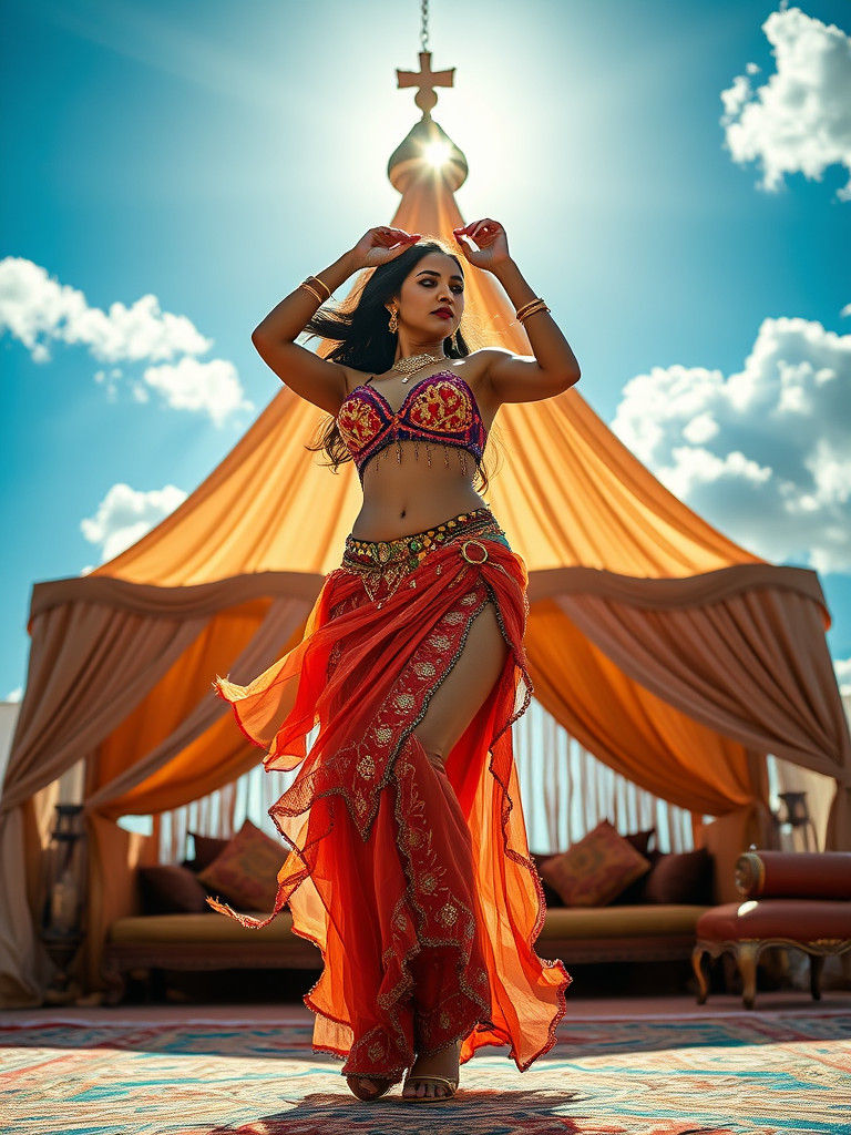 Belly Dancer Performing in Bedouin Tent, Photorealistic Styl...