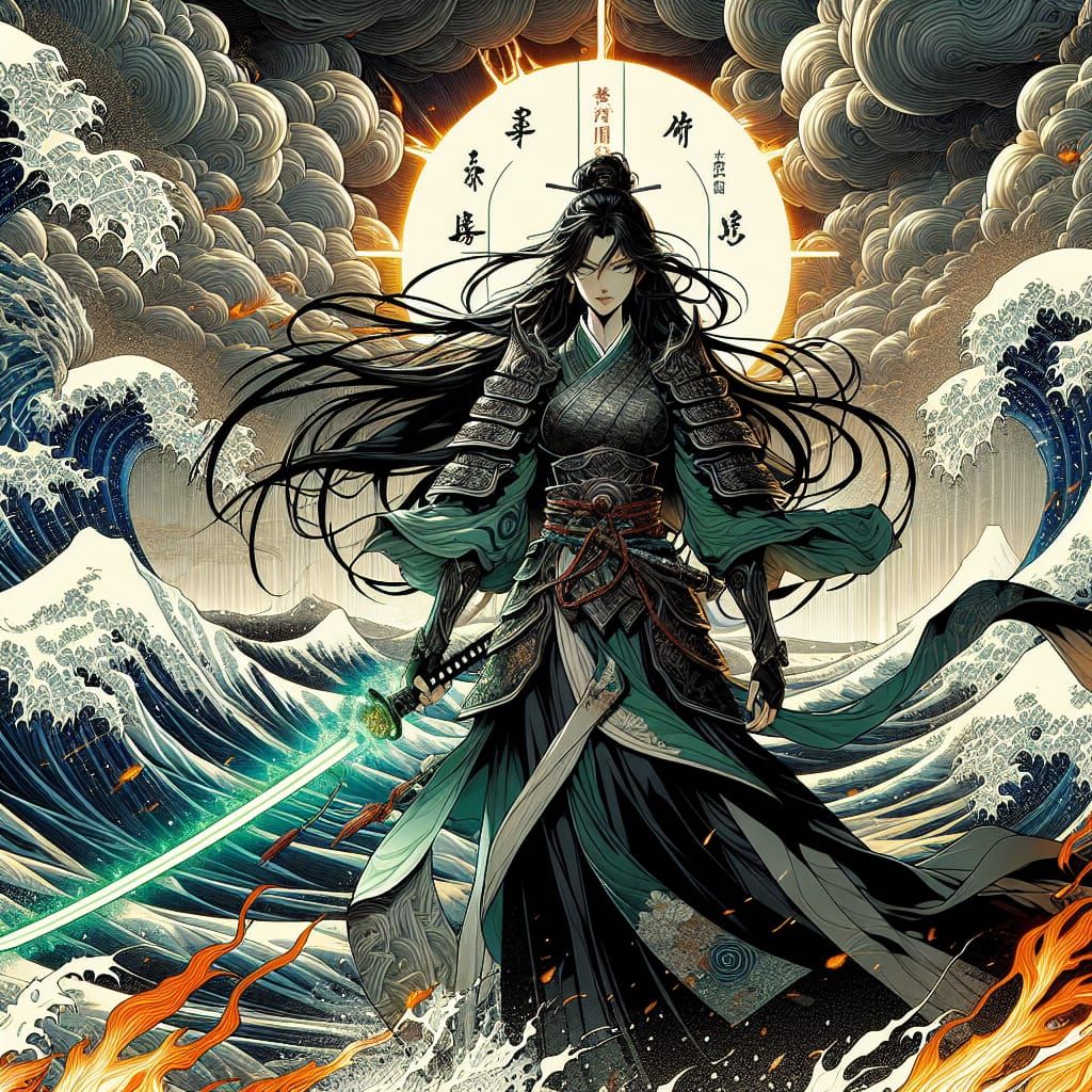 A manga-style illustration in a semi-realistic style. A fierce mystical warrior woman stands tall in a stormy Japanese-i...