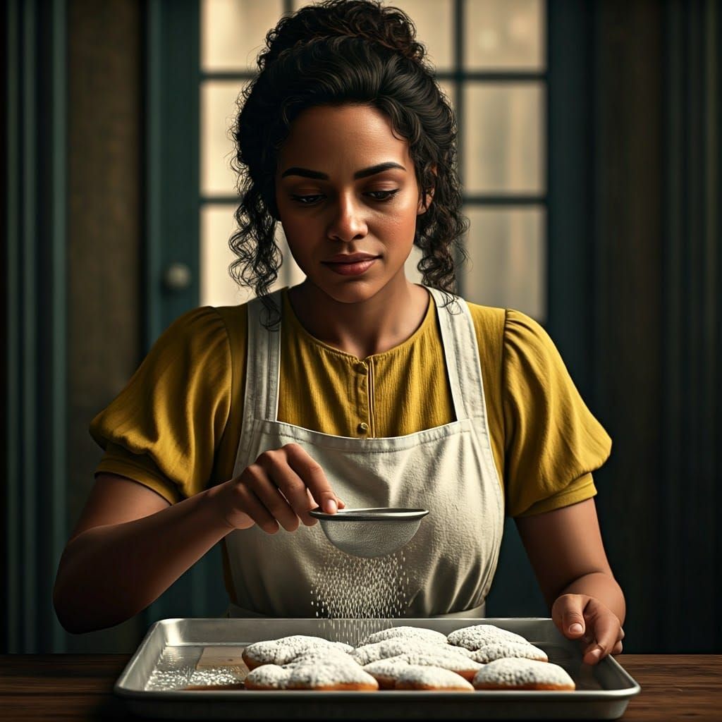 Elegant New Orleans Woman Dusts Beignets with Tenderness