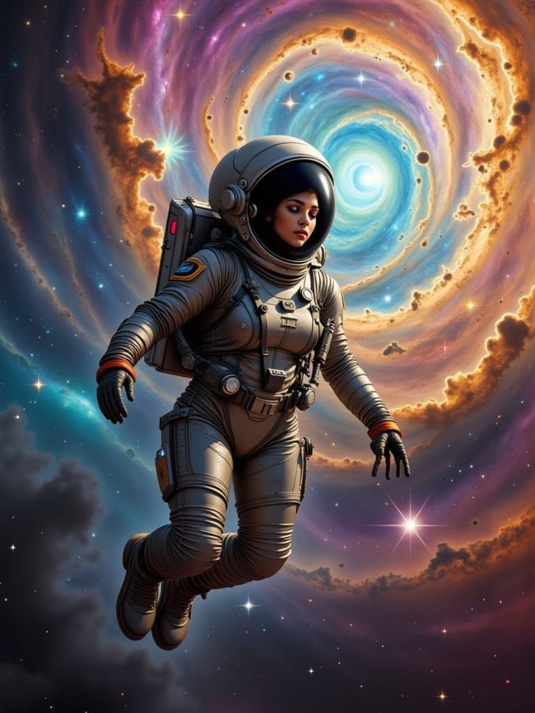 Astronaut Drifting Towards a Colorful Nebula