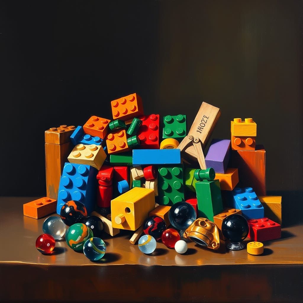 Baroque-Inspired Oil Painting of Legos and Marbles