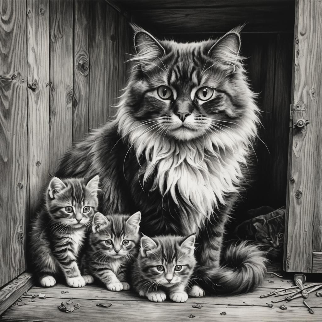 Fluffy Cat and Kittens: Charcoal and Ink Drawing