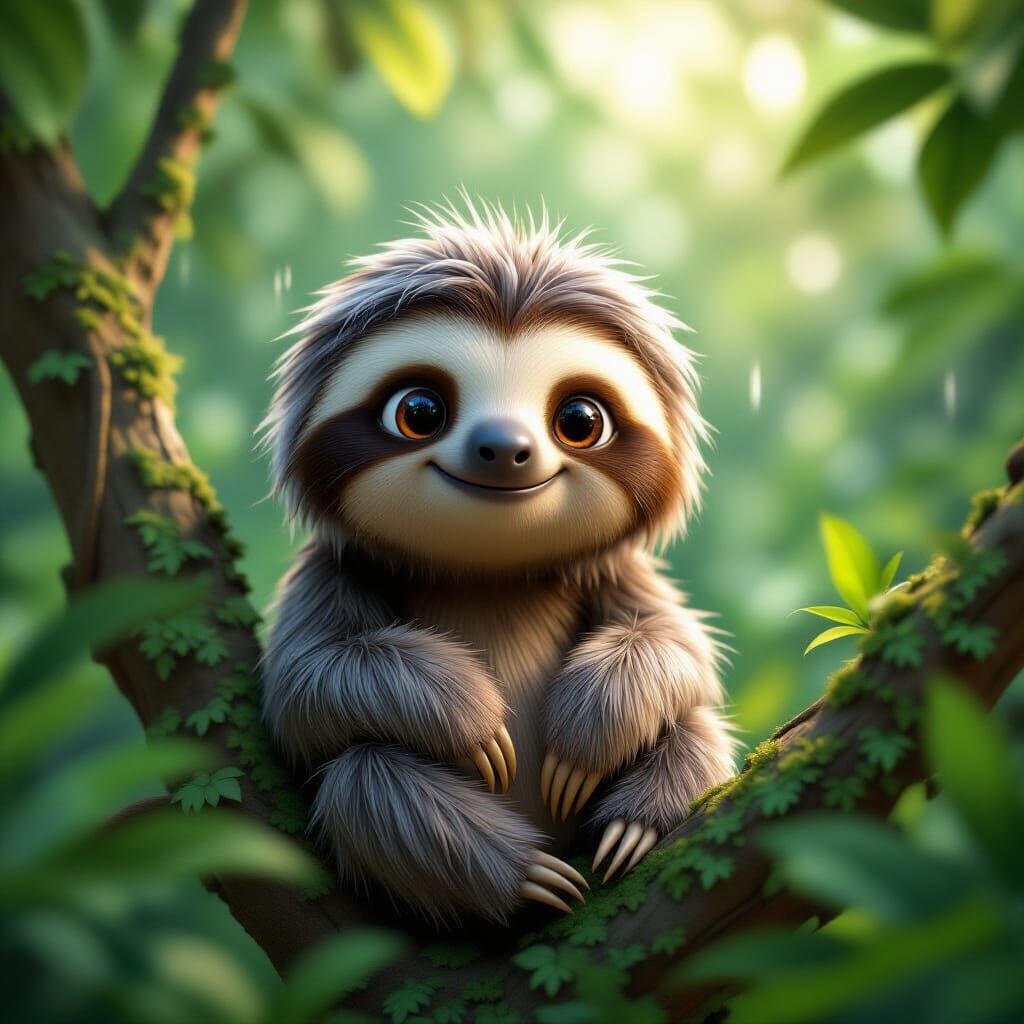 Cute Fluffy Sloth in Rainforest Tree