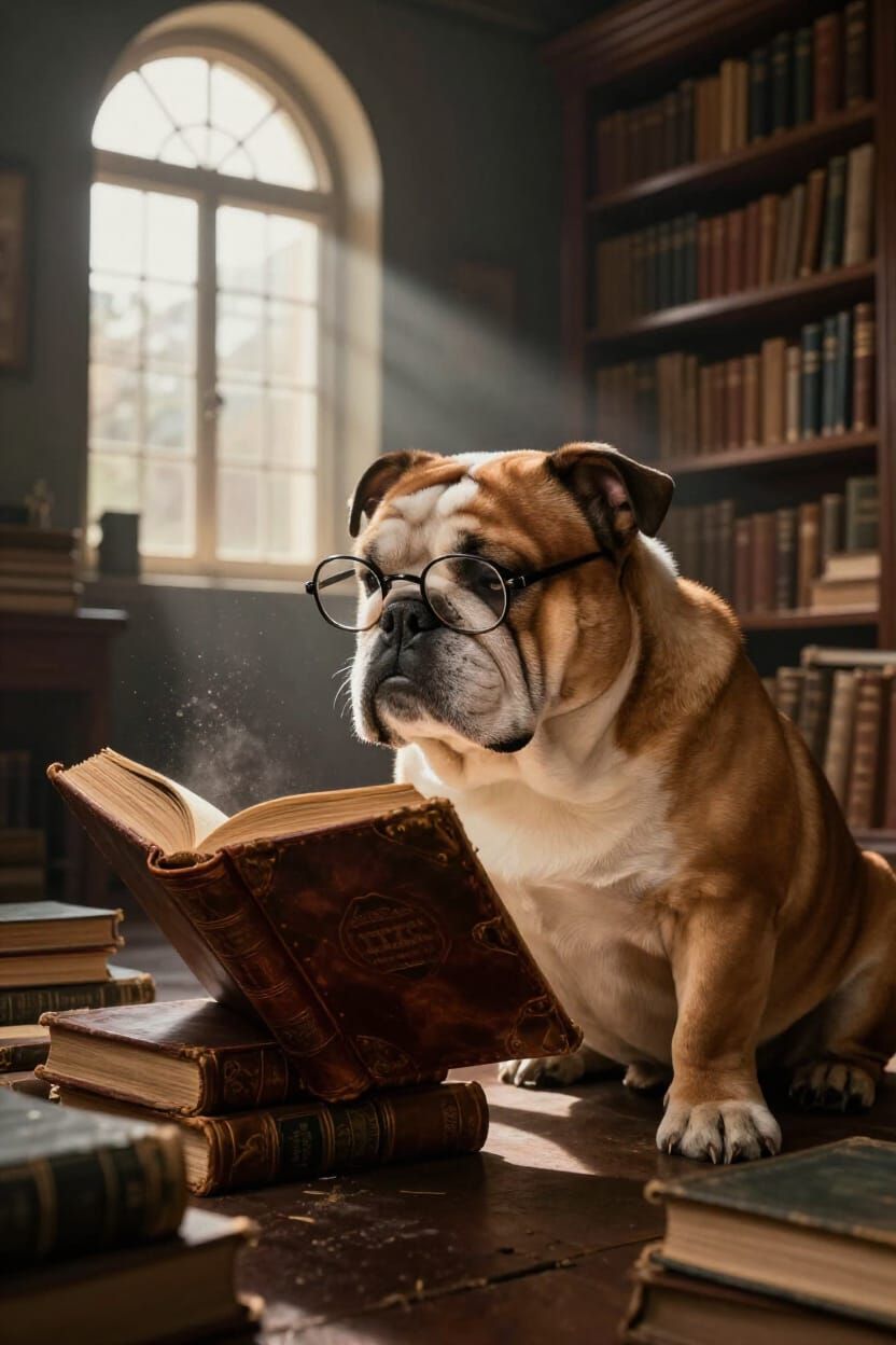 Wise Bulldog Studies Ancient Tome in Dusty Library