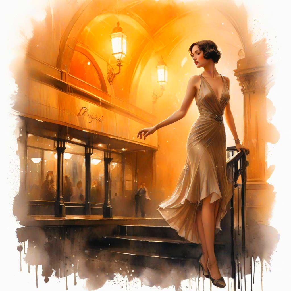 Art Deco Chanteuse Under Marquee in Sepia Tones