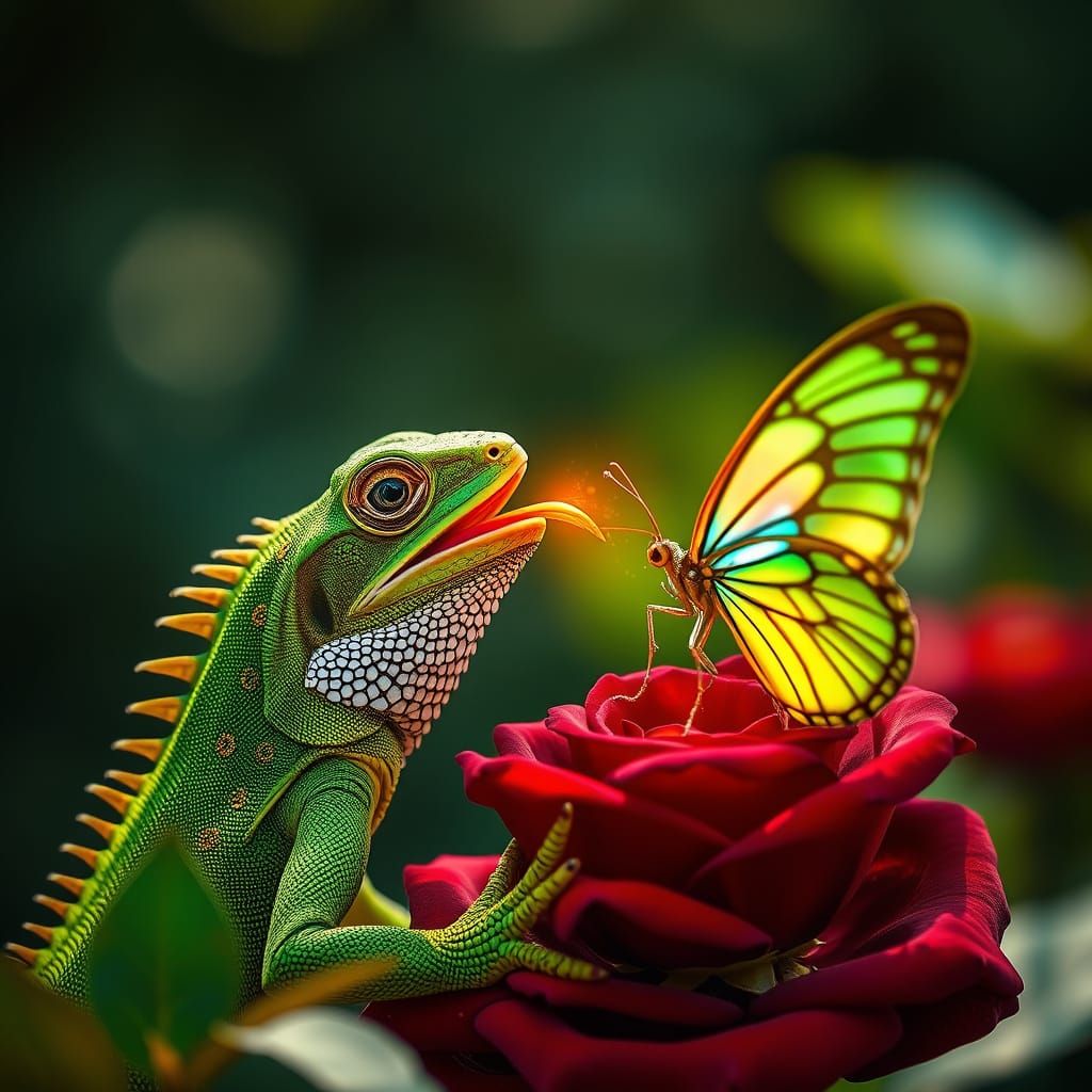 Luxuriant Green Lizard Displays Red Fire Tongue to Crystal B...