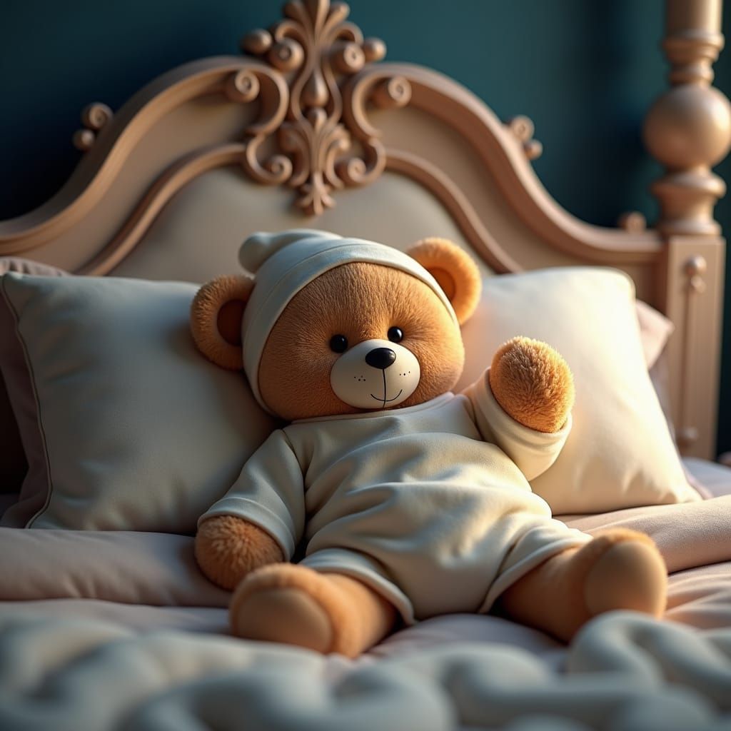 Teddy Bear in Nightcap on Ornate Bed