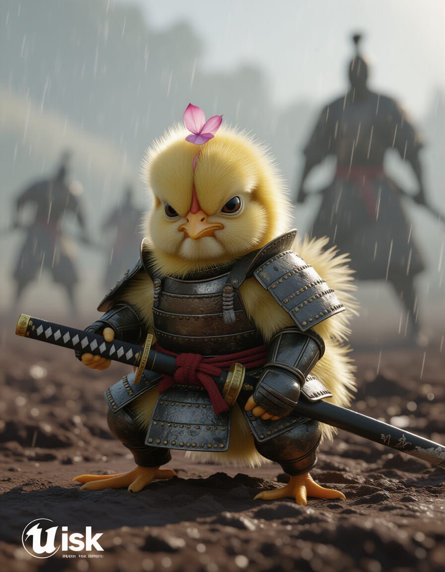 Grumpy Samurai Chick Kneeling in Defeat