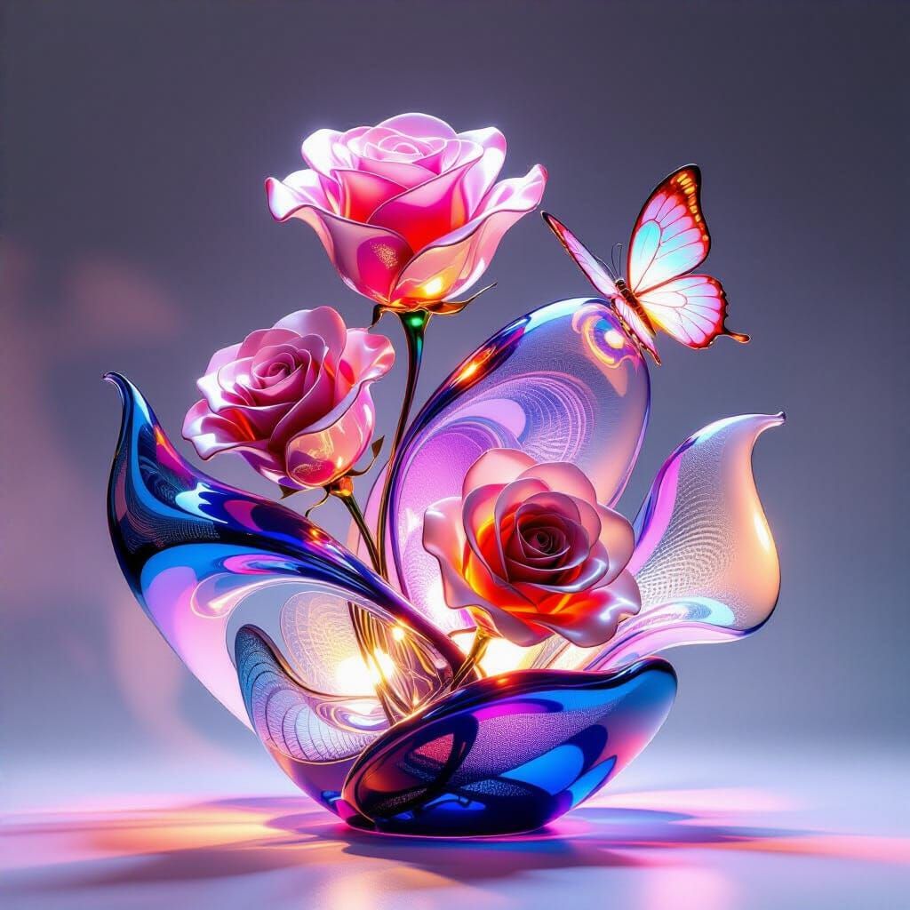 Abstract Iridescent Glass Sculpture with Roses and Butterfli...