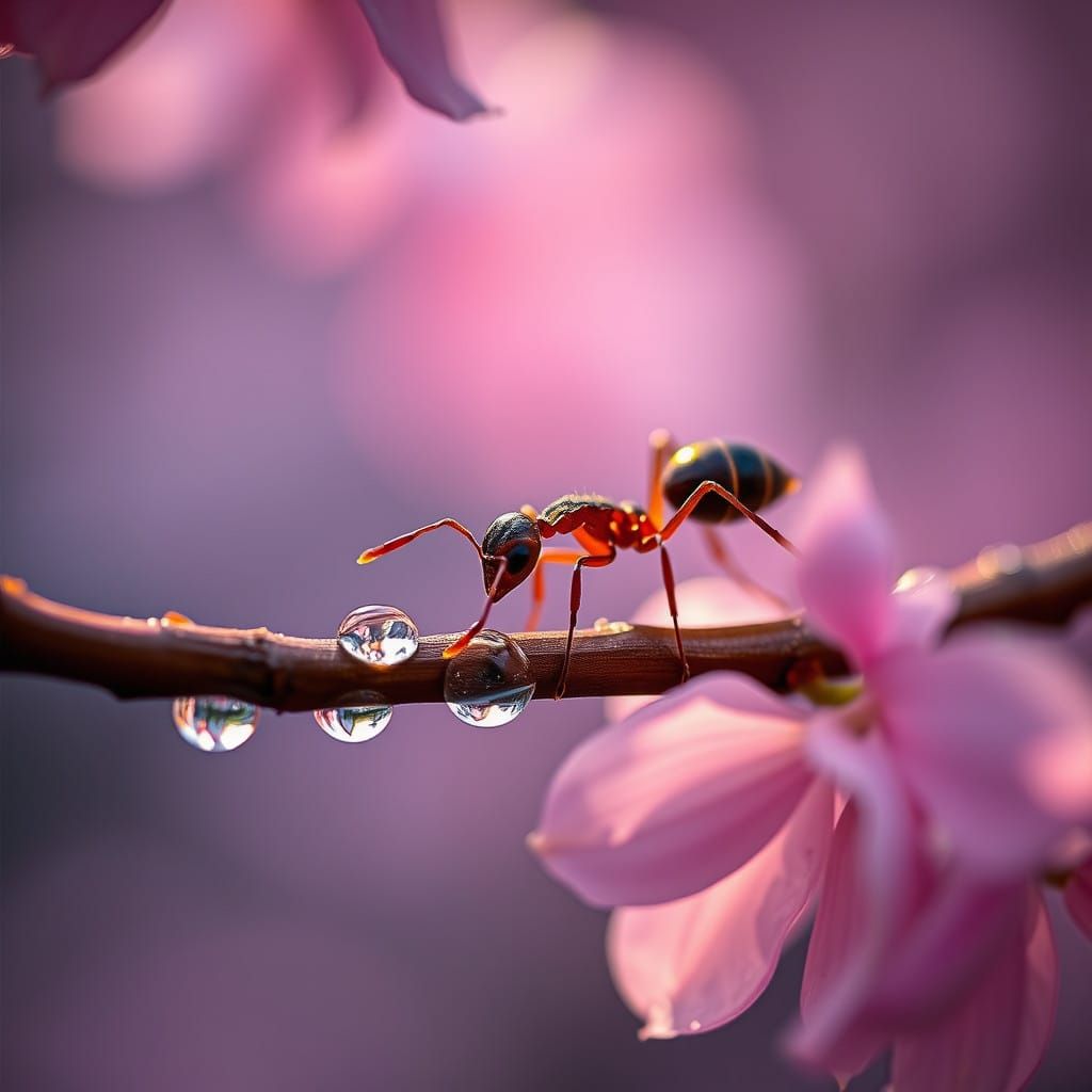Surreal Macro Photography of Bull Ant on Sakura Branch in Cy...