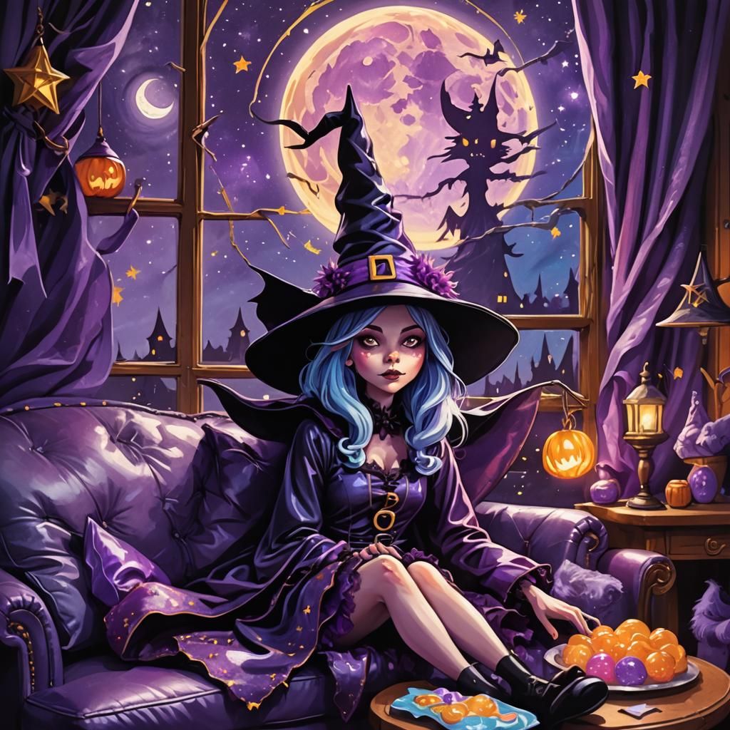 Whimsical Witch Lounging in Candy Art Style