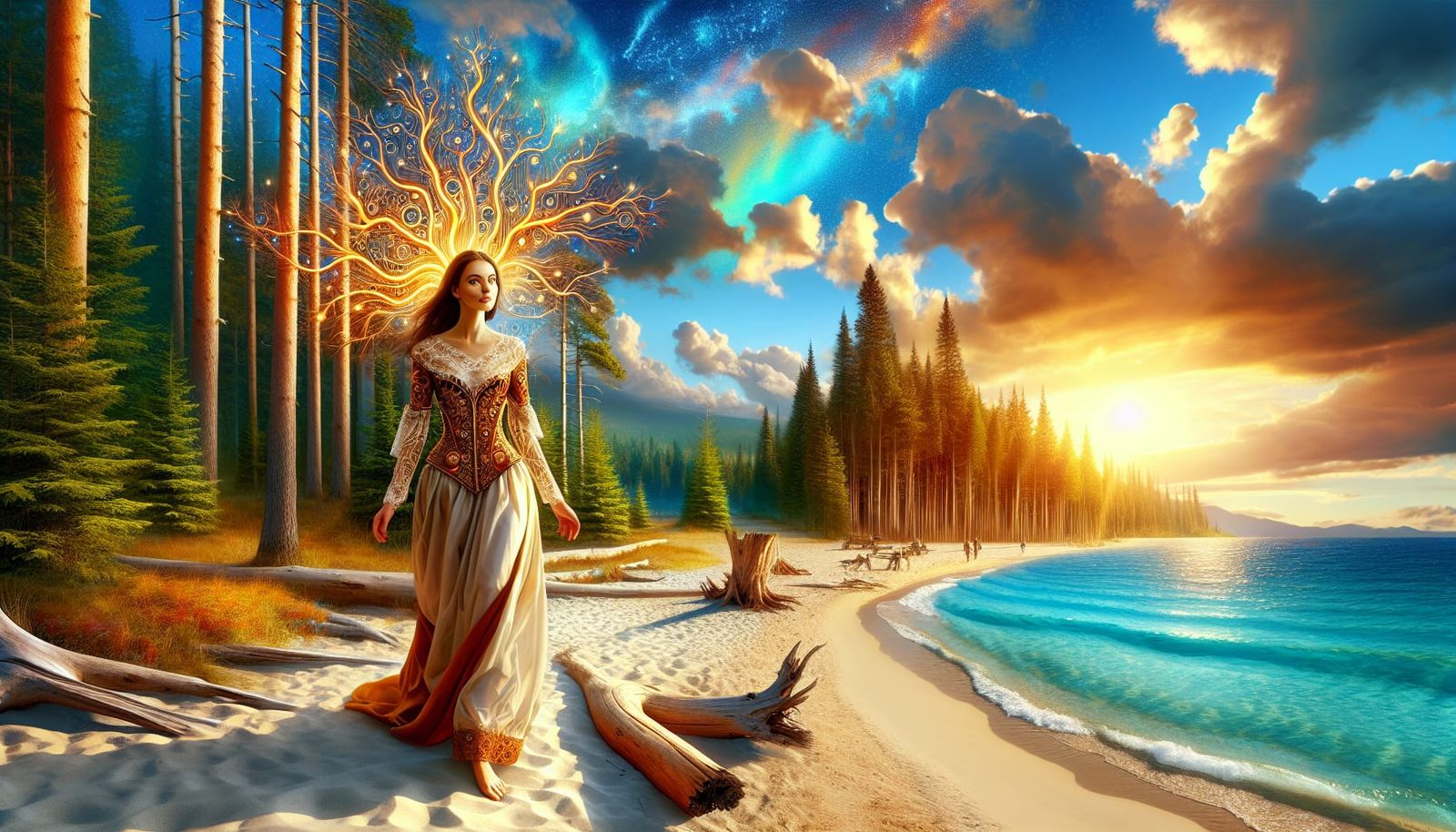 variegated knolling  beautiful woman strolling open sky on t...