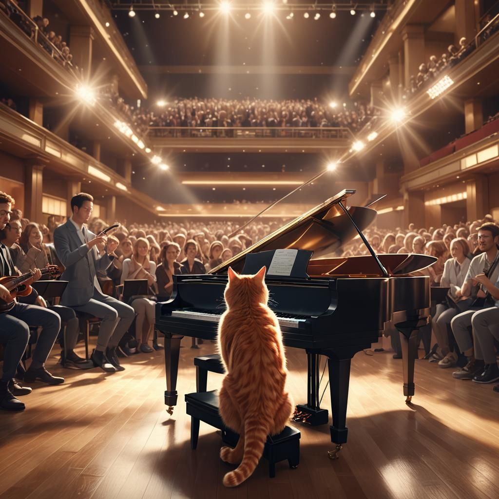Ginger Cat Plays Piano: Anime-Inspired Concert Art