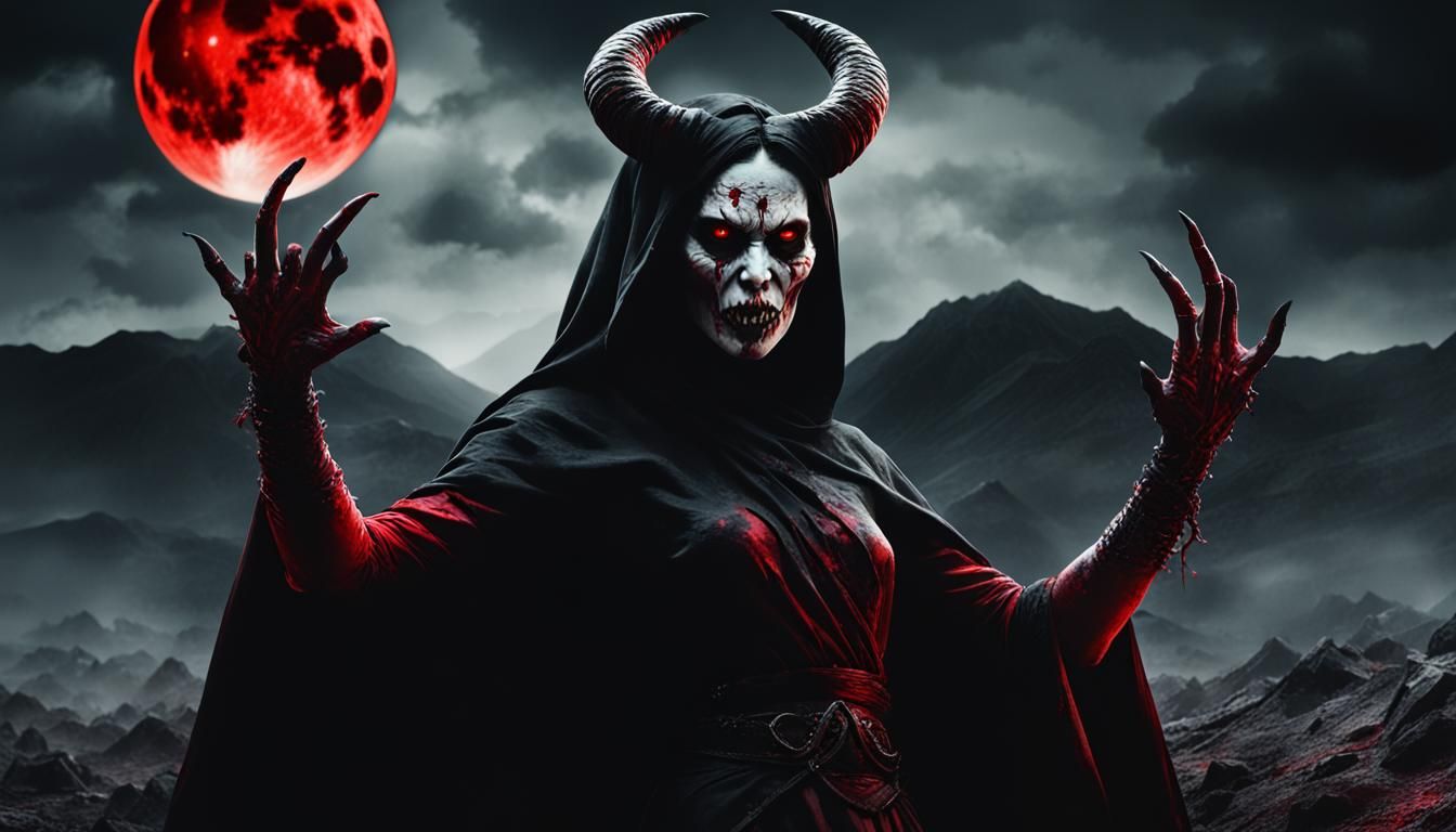 Demonic Woman in Hell Under Blood Red Moon