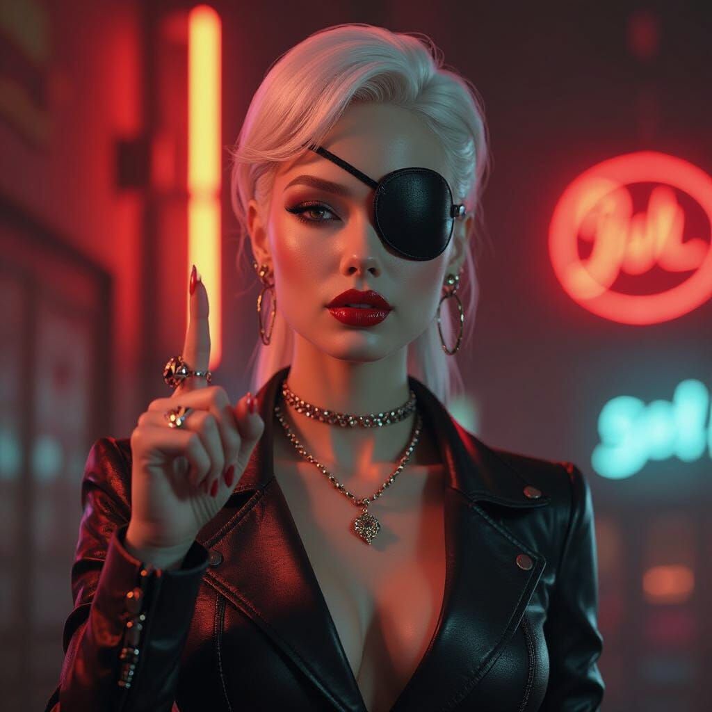 Albino Woman with Eyepatch in Cyberpunk Style