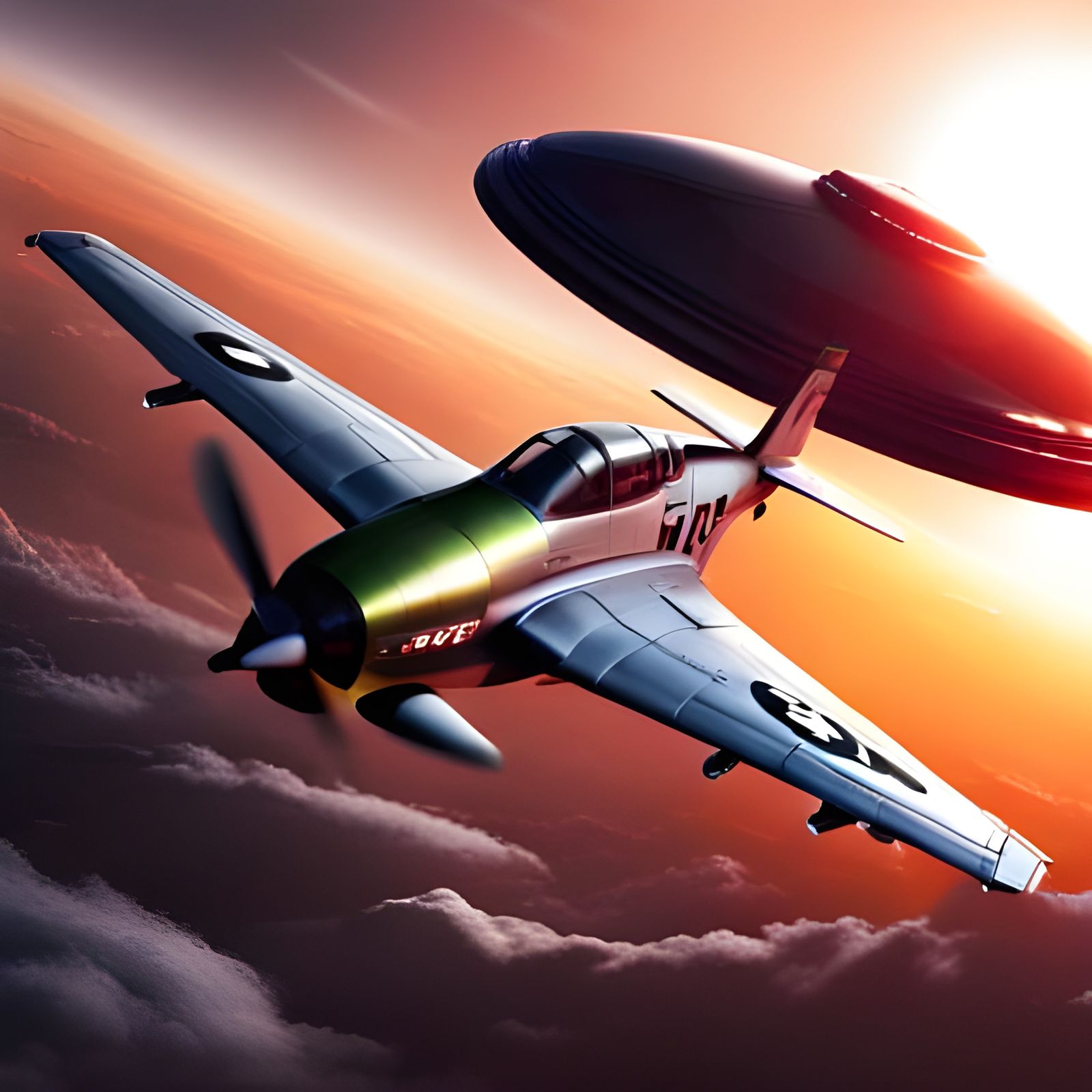 P51 Mustang Chasing UFO in Cyberpunk Style