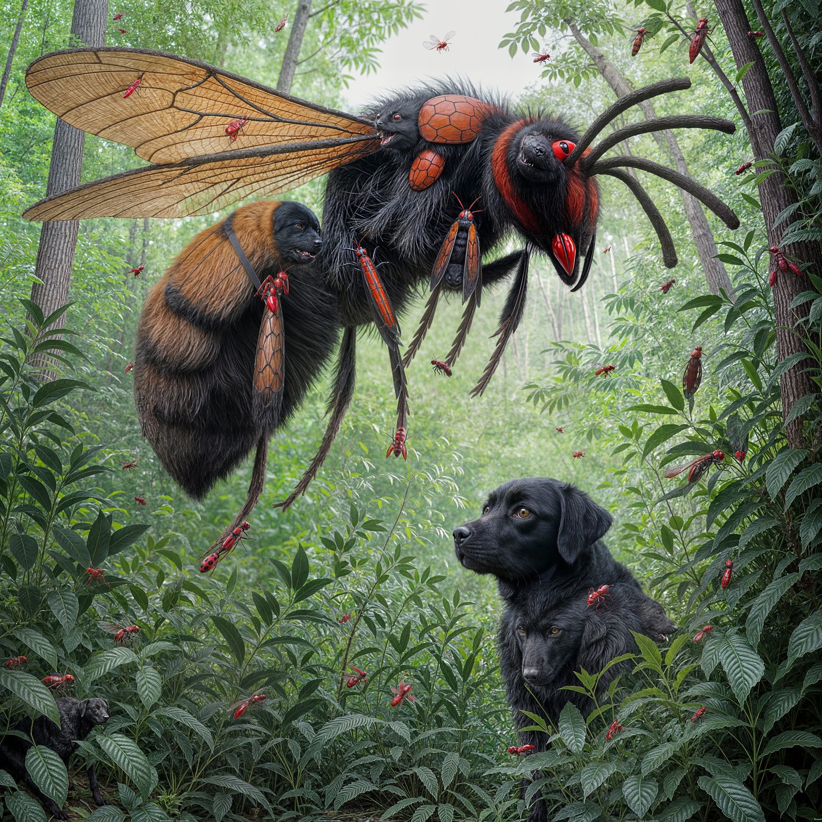Giant Wasp and Labrador in a Dark Fantasy Landscape
