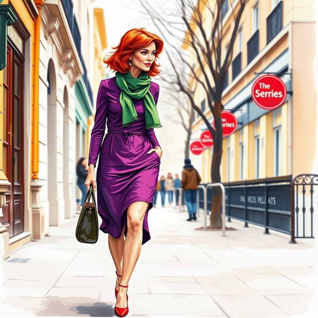 Stylish Woman Striding in Paris: Impressionistic Watercolor