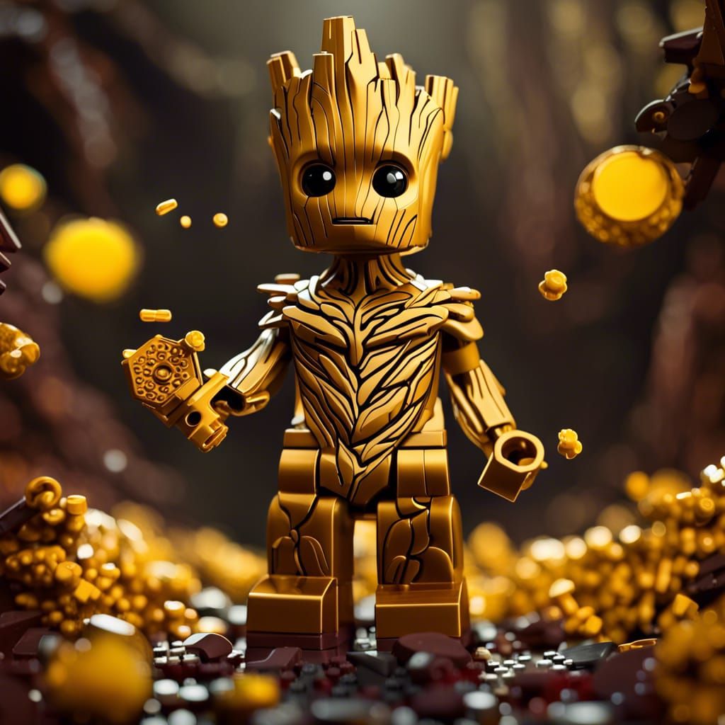 Golden LEGO Baby Groot Minifigure in Unreal Engine 5