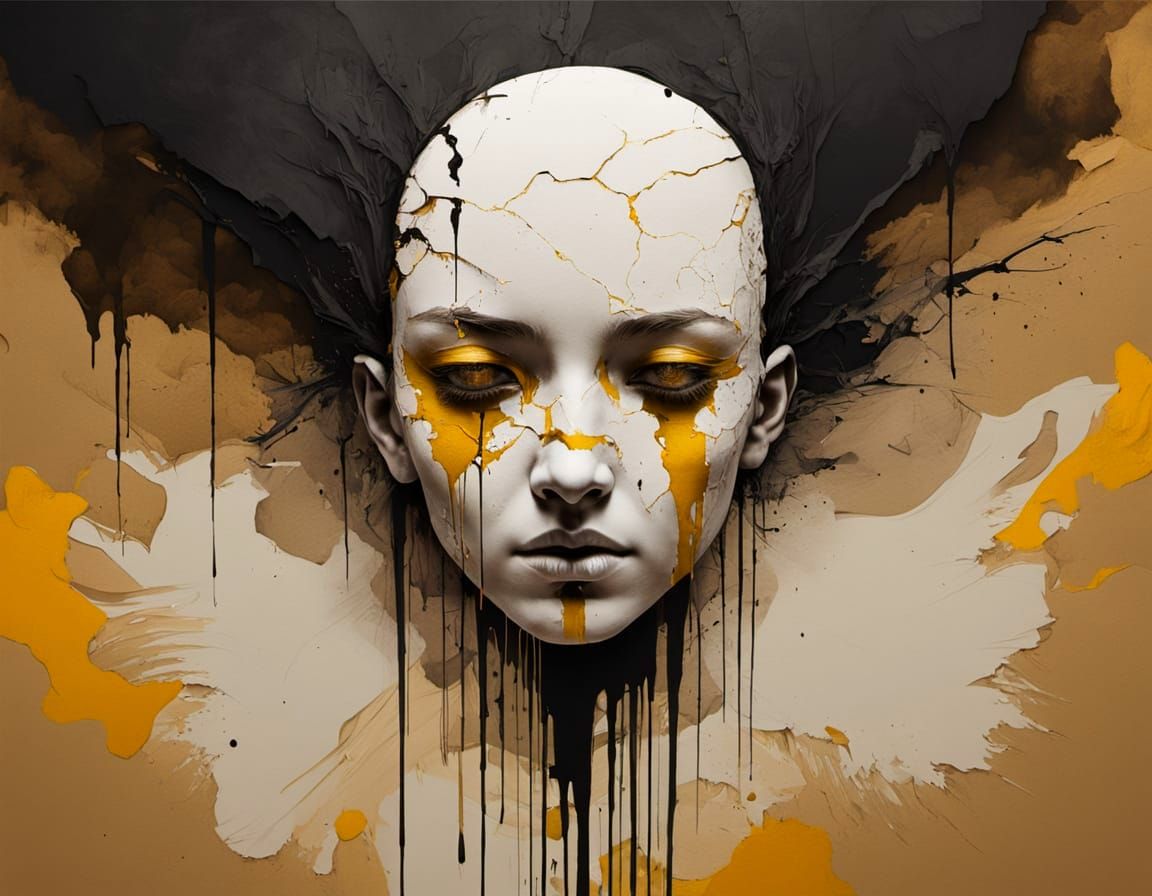 Stone Face with Crack and Yellow Eye in Ink Style