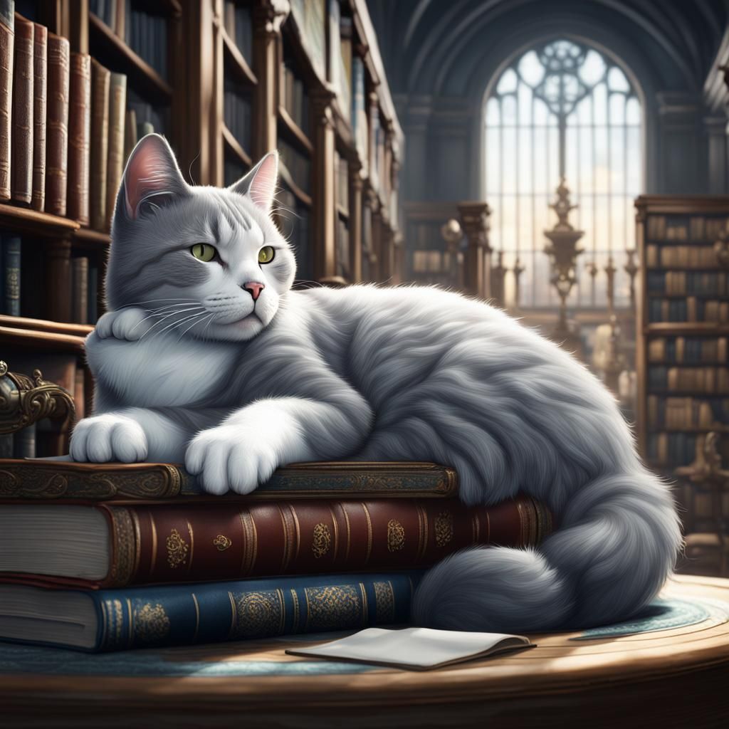 Gray and White Cat Sleeping in Library