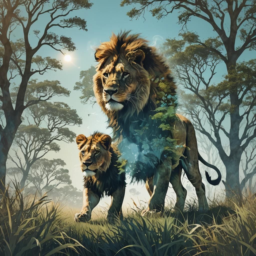 Lion Silhouette with Forest, Double Exposure Digital Art