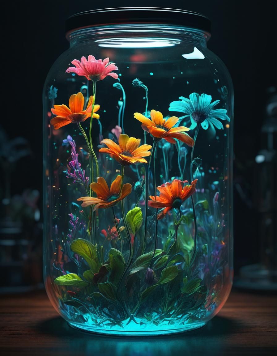 Bioluminescent Neon Flowers in Glass Jar