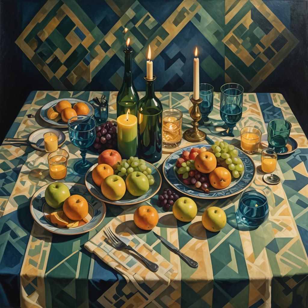 Escher and Morandi Still Life with Fruit and Candles