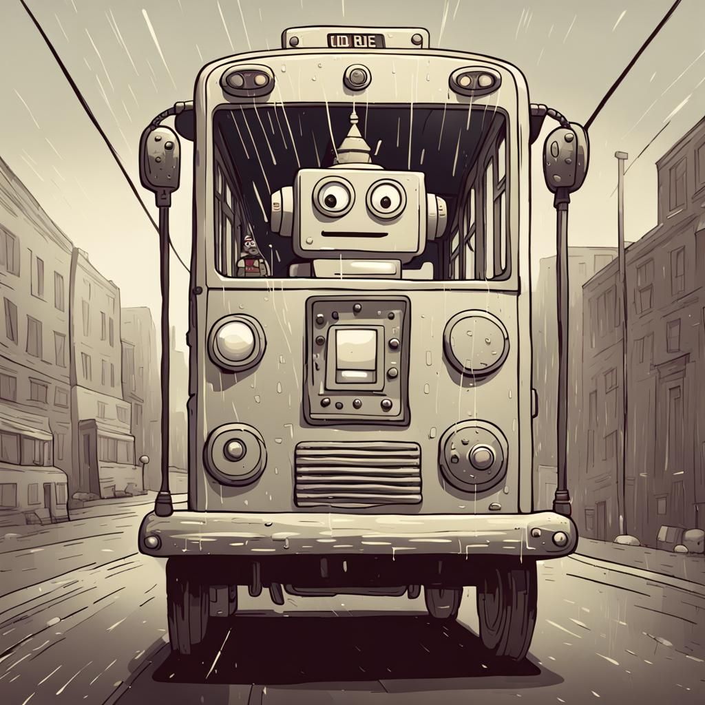 Vintage Robot Bus Driver in the Rain