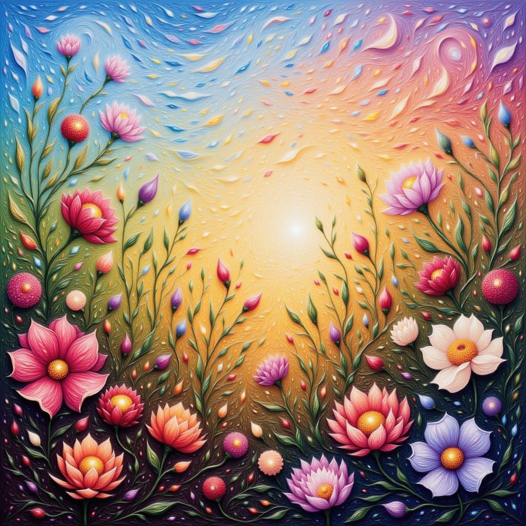 Geometric Florals Under a Swirling Sky