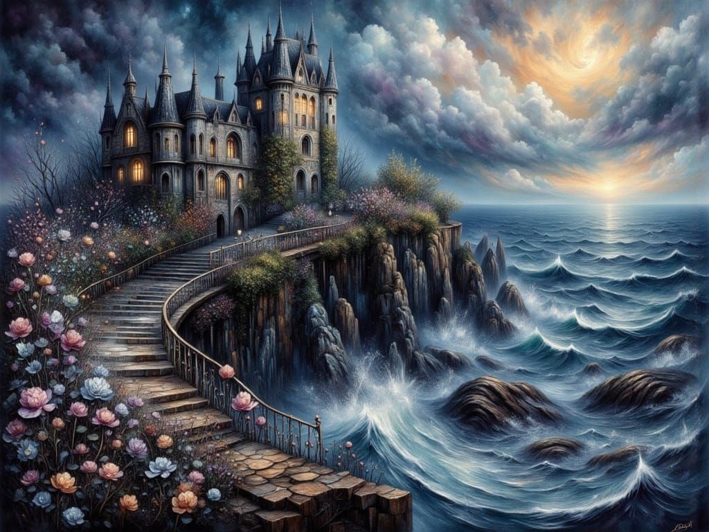 Gothic Castle on Stormy Cliffside with Ethereal Flowers