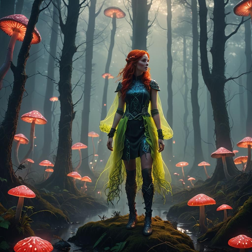 Mystical Forest Portrait: Woman in Neon Outfit