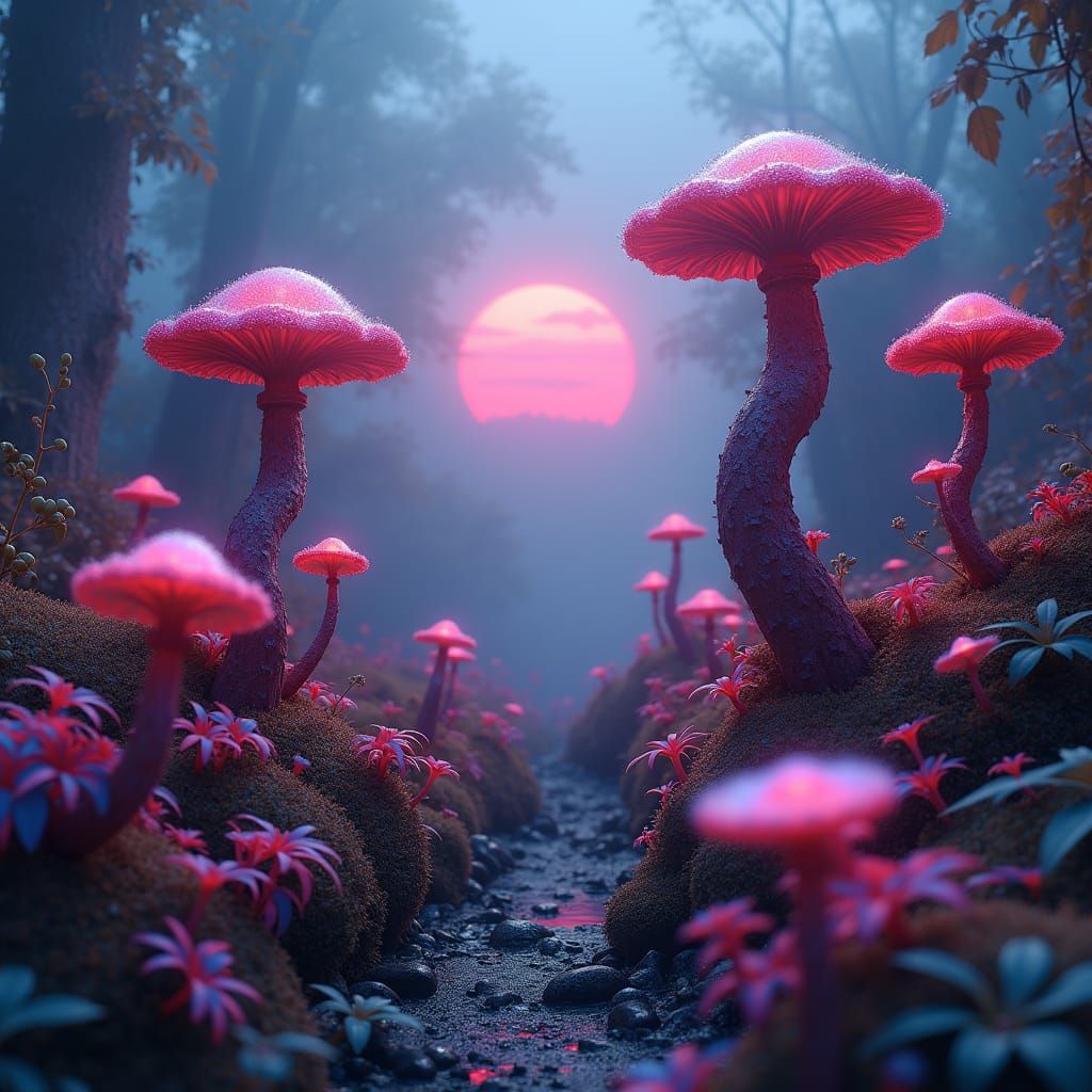 Ethereal Alien Flora with Bioluminescent Mushrooms