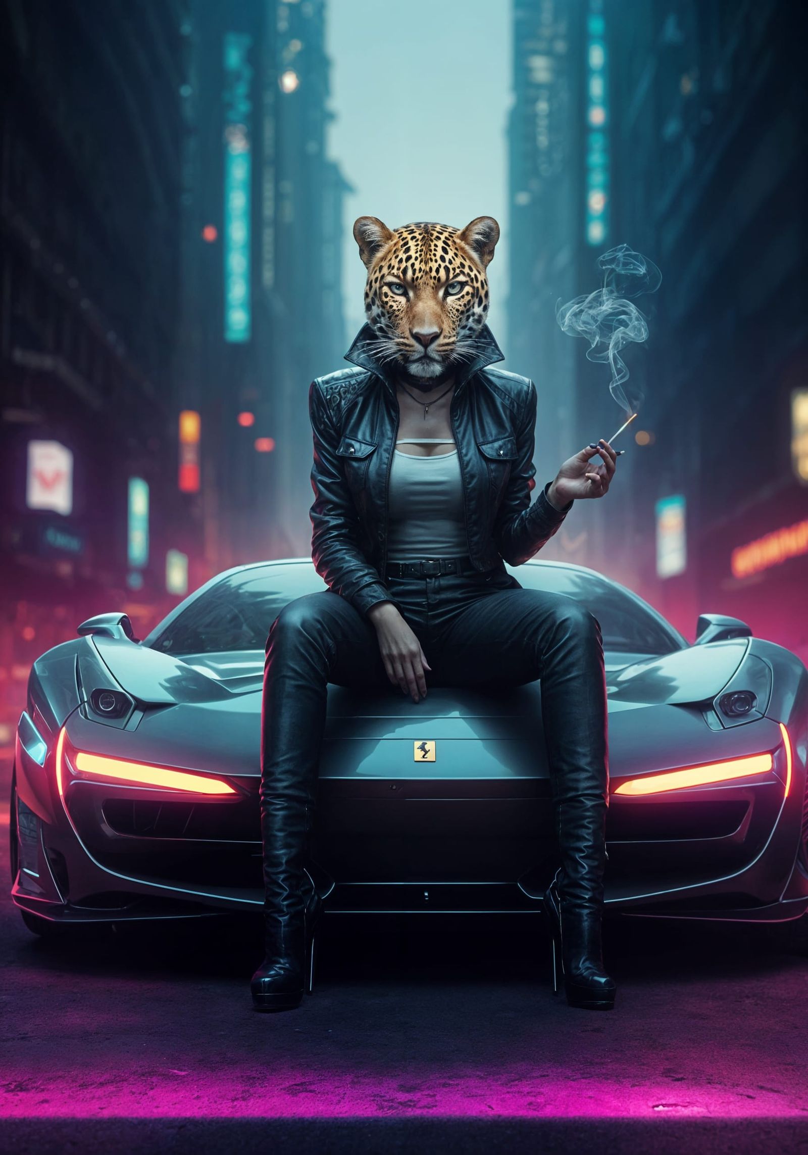 Elegant Leopard-Headed Lady in Cyberpunk Style