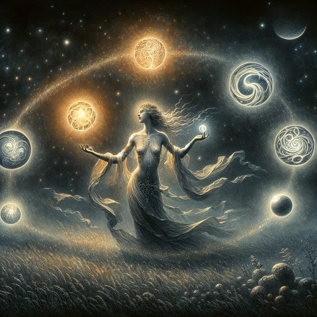 Ethereal Priestess Conducting Elements Under Starry Sky