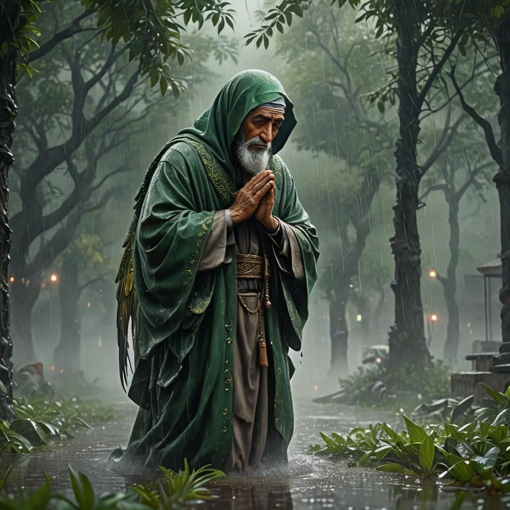 Angel-like Muslim Man Praying in Foggy Rain